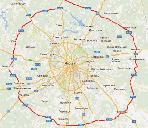 Схема трассы А107, Московское малое кольцо Бетонка