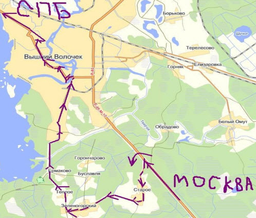Схема объезда вышнего Волочка, дорога Москва Петербург